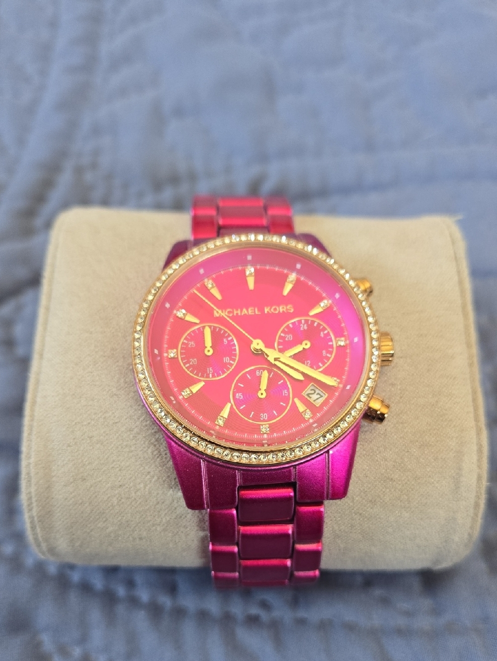 Michael Kors Pink and Gold Crystal-Trim Chronograph Watch